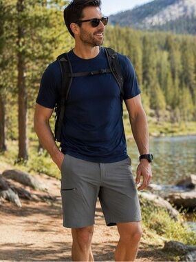L.L. Bean Men’s Gray Stretch Hiking Shorts 33 Nylon Spandex Cargo Zip Pocket EUC
